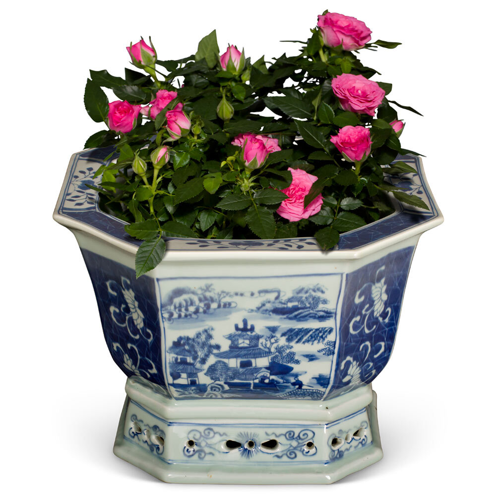 US SELLER - Octagonal Blue White Landscape Porcelain Chinese