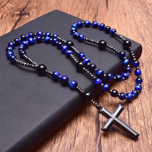 Natural Stone Dark Blue Tiger's Eye Onyx Rosary with Cross Hematite Necklace - Picture 3 of 12