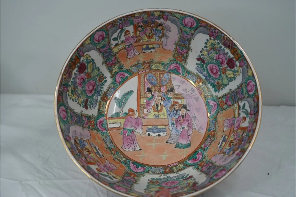 Antiguo ponche chino medallón rosa porcelana 12" Foto 2 de 4