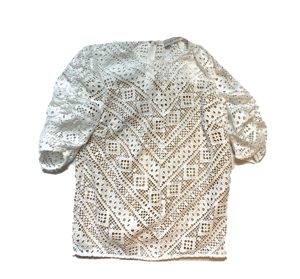 Blusa Camisa Top Encaje Rosa Sin Fin Pequeña Blanca Desnuda Transparente Manga Abullonada Ojales Foto 2 de 4