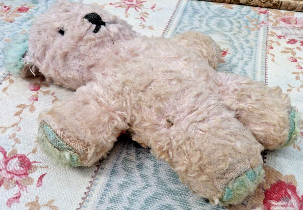 Ancien Ours En Peluche Bicolore 1950/60 – Rose Et Bleu – Usé Mais Trop Mignon – 19,5 Cm