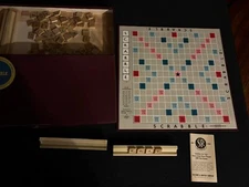 Scrabble Game 1954 Vintage, Wooden Letters, Stands By Selchow & Righter