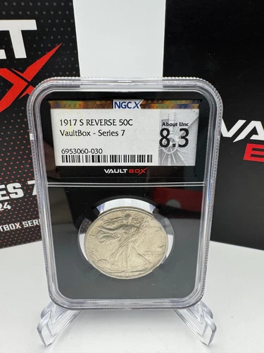 NGC AU8.3 (AU53)! 1917-S Reverse Walking Liberty Half Dollar Vaultbox Series 7