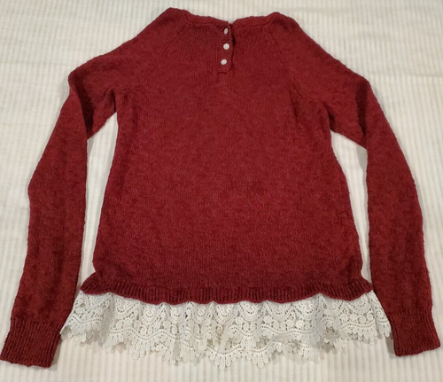 Girls Abercrombie Kids Hooded Henley Sweater Maroon Size 13/14 Crochet Ruffle - Picture 3 of 10