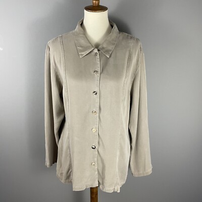 CLICK by CMC USA Beige 100% Tencel Blouse Shirt Top Sz L Button Front Lagenlook