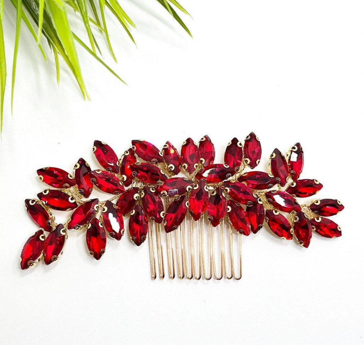 Peine de pelo de cristal rojo brillante tocado de dama de honor nupcial pasador de boda