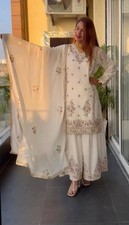 New Fancy Pure Heavy Chinnon Top Palazzo With White Dupatta For Engagement Wear