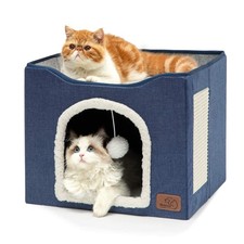 Bedsure Cat House Bed for Indoor Cats with Fluffy Ball and Scratch Pad,Blue