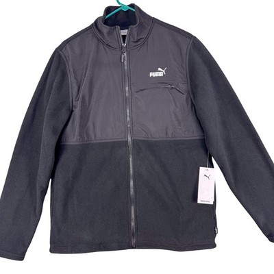 Puma Jacket Mens Small Black Fleece Full Zip Woven Chest Pocket Athletic NEW $90