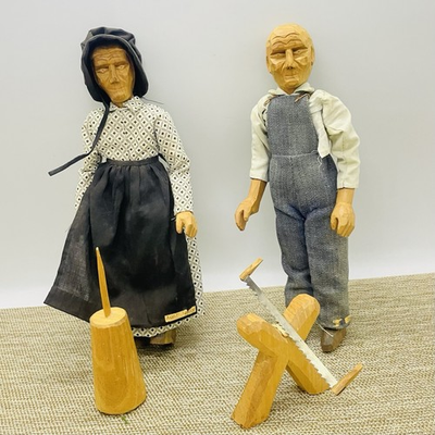 #ad VTG Hand Carved Polly Page Uncle Pink Aunt Jenny Folk Art Dolls Wooden $75.00