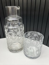 Quality Etched Glass Bedside Water Carafe & Drinking Glass 8.5” High,excellent