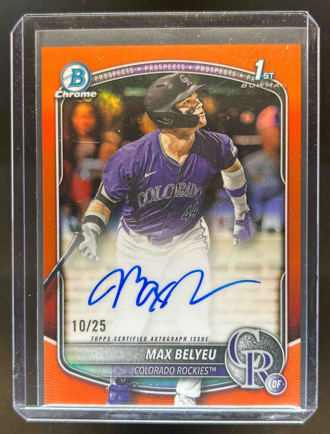 2025 Bowman Draft Max Belyeu Chrome Auto Orange Refractor 1st #/25 Rockies