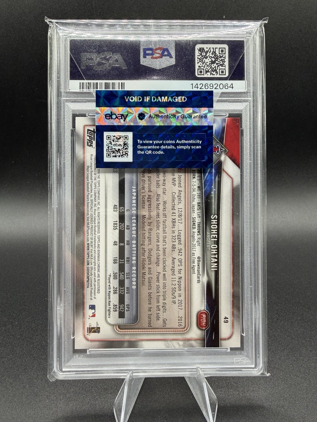 2018 Bowman Shohei Ohtani Rookie #49 RC PSA 10 Gem Mint view 2