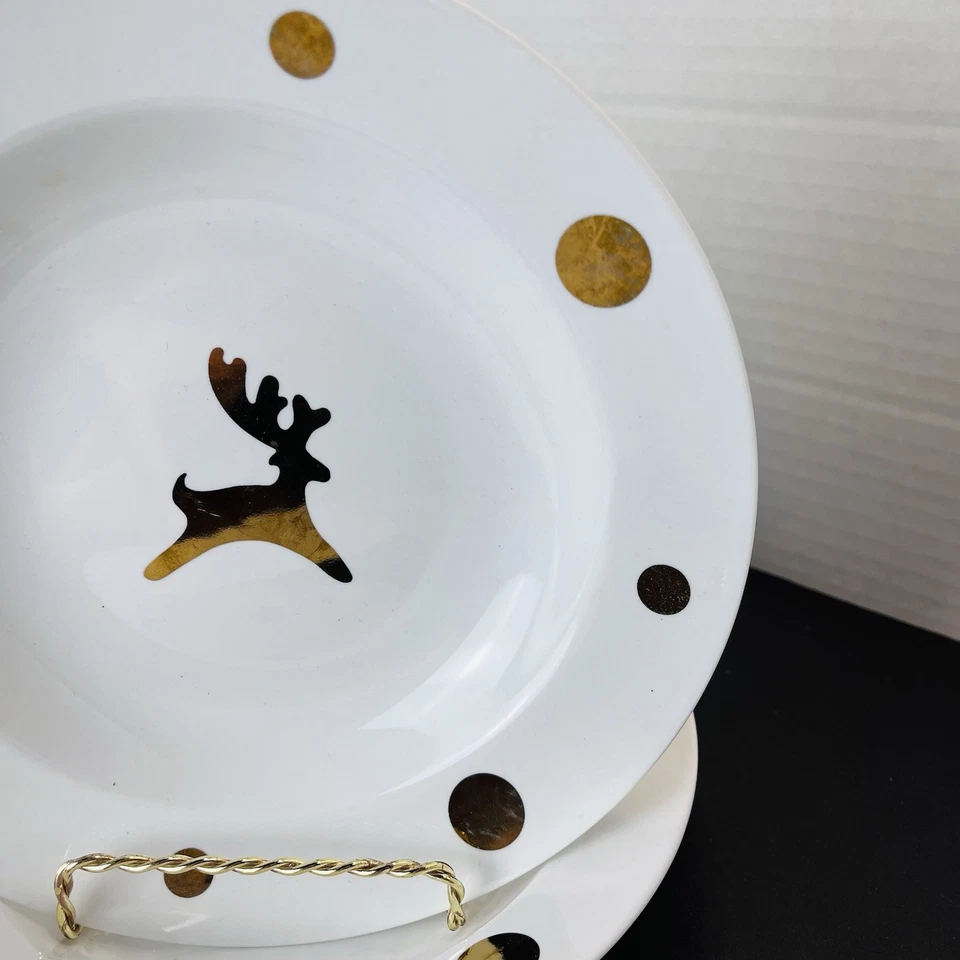 "Cuencos Century Fine China blancos con borde de reno con puntos dorados - 8,5"" - Navidad" Foto 4 de 4