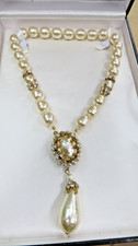 Vtg Signed Miriam Haskell Pedant Necklace Faux Barque Pearl Gold Tone Sax Fifth