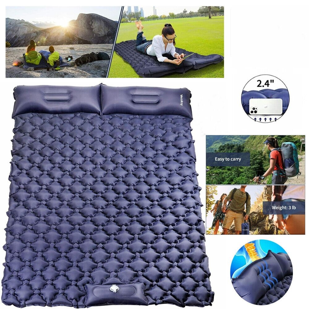 Double Camping Sleeping Pad with Pillow Travel Hiking Inflatable Sleeping Mat~