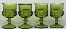 Vtg (Set of 4) Indiana Glass "King's Crown” Thumbprint Green Wine Goblet 4.25"