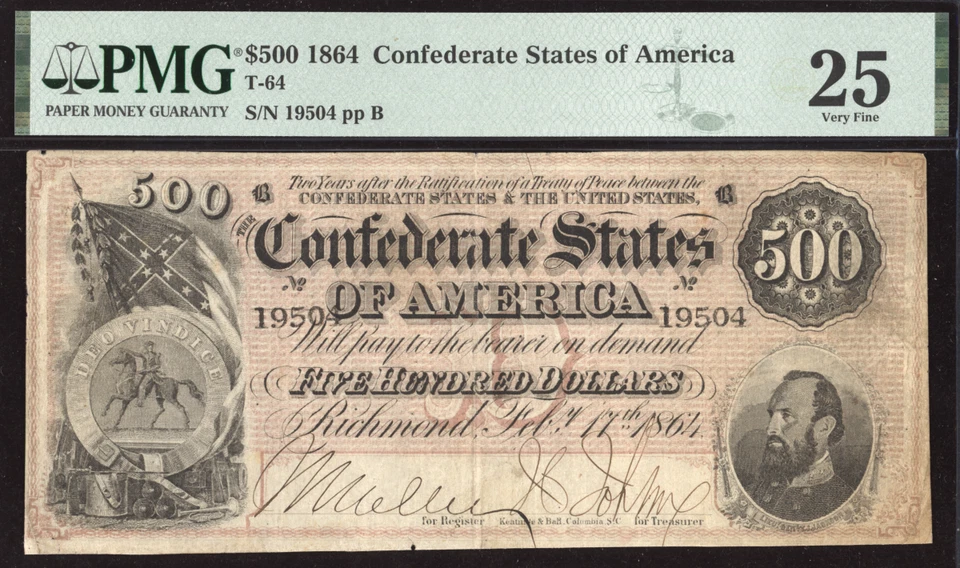Confederado 1864 $500 - Fr. T-64 - PMG 25 Foto 2 de 3