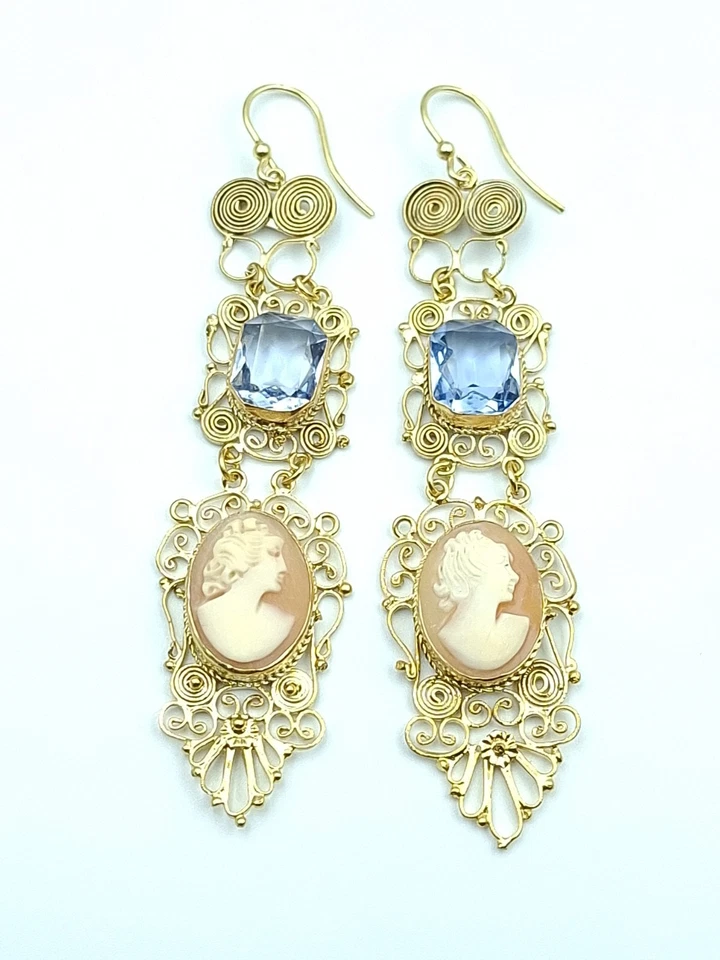 Orecchini TOPAZIO cammeo conchiglia stile Vittoriano Argento 925 Oro 18 Kt Cameo - Immagine 2 di 4