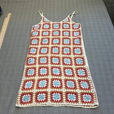 Crochet Granny Square Dress Medium Boho Festival Mini Hippie Lined Fun Whimsy