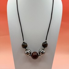 Brown Wood Bead Silver Tone Necklace Chunky Cord Boho Statement Vintage Gift