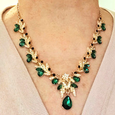 New Sparkling Green Gold Princess Tiara Necklace Earrings Wedding Set