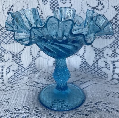 Vintage Celeste Blue Compote Candy Dish With Ruffled Edge Swirled Pattern 6x6 