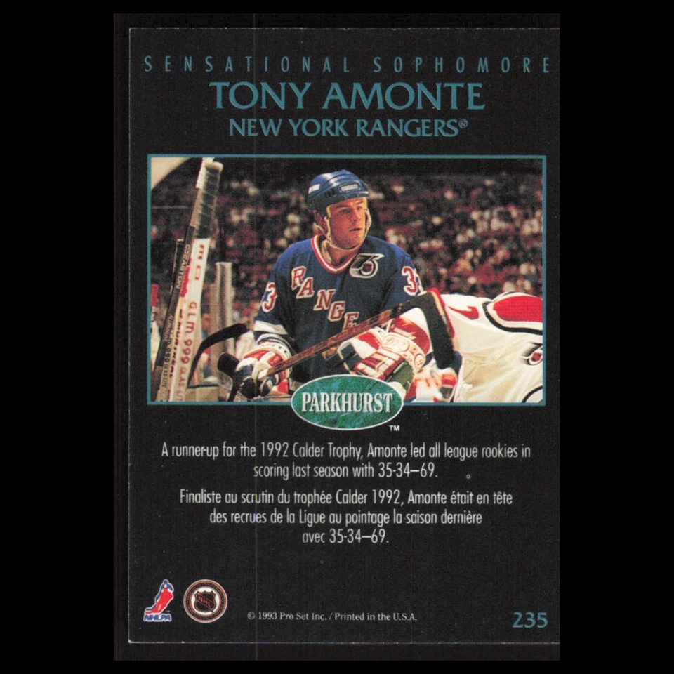 Tony Amonte #235 1992 Parkhurst New York Rangers Hockey Card NHL NM - Image 2 of 3
