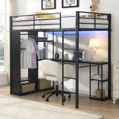 Multi-function Twin Metal Loft Bed with Length Desk & Open Storage Cabinet