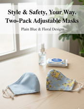 Floral  Blue Solid Face Mask Set Adjustable 2 Pack Washable Reusable Breathable