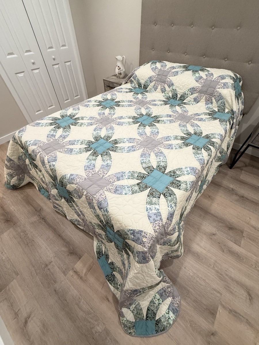 New Amish Double Wedding Ring Quilt – Blue Gray – 108x118 Hand Quilted