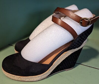 BC Caution To The Wind Black Wedge Sandals, Leather Strap, Size 8.5 | eBay