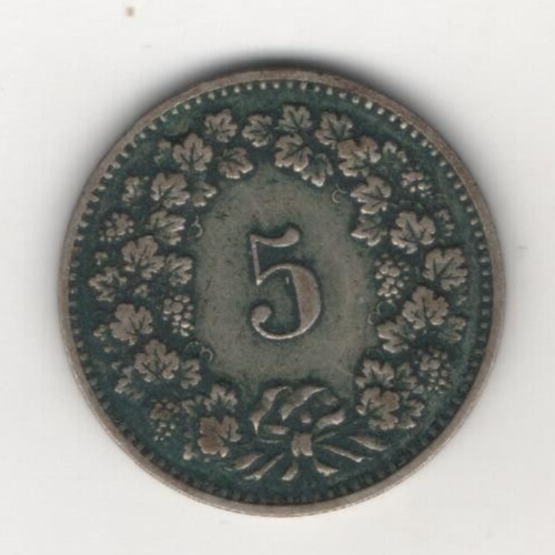 1900 B Switzerland 5 Rappen Swiss Helvetia Copper Nickel 5 Cent Coin - Picture 2 of 2