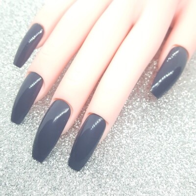 Deep Gray Solid Long Coffin Nail Set Press On Nails Handmade Hard Gel