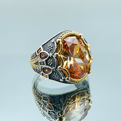 925 Sterling Silver Men's Citrine Ring | Handmade Turkish Orange Stone Statement Ring