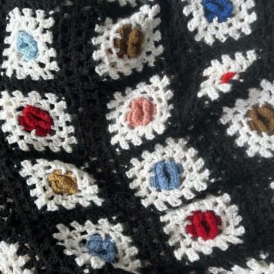 Vtg 3D Roses Crochet Granny Square Afghan Lap Blanket Throw Multi Color 56 x 39