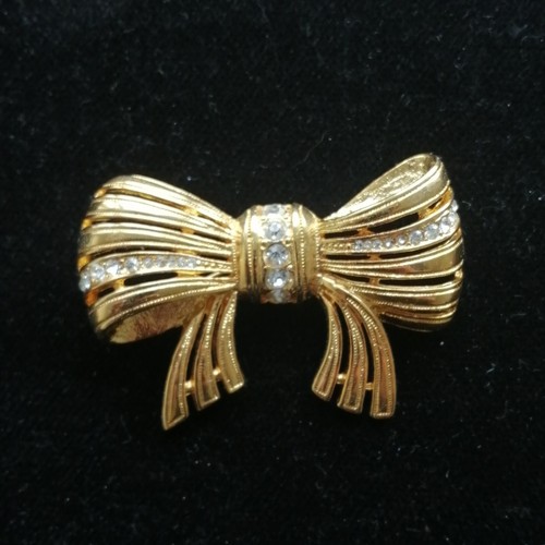 Vintage Tschechische Goldfarbene Schleife Anstecknadel Brosche Klarglas Strass - Bild 2 von 5