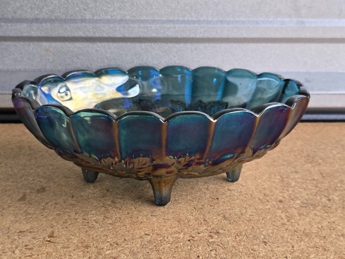 Vtg Iridescent Blue Carnival Glass Footed Oval Fruit Bowl Harvest Pattern - Picture 12 of 16