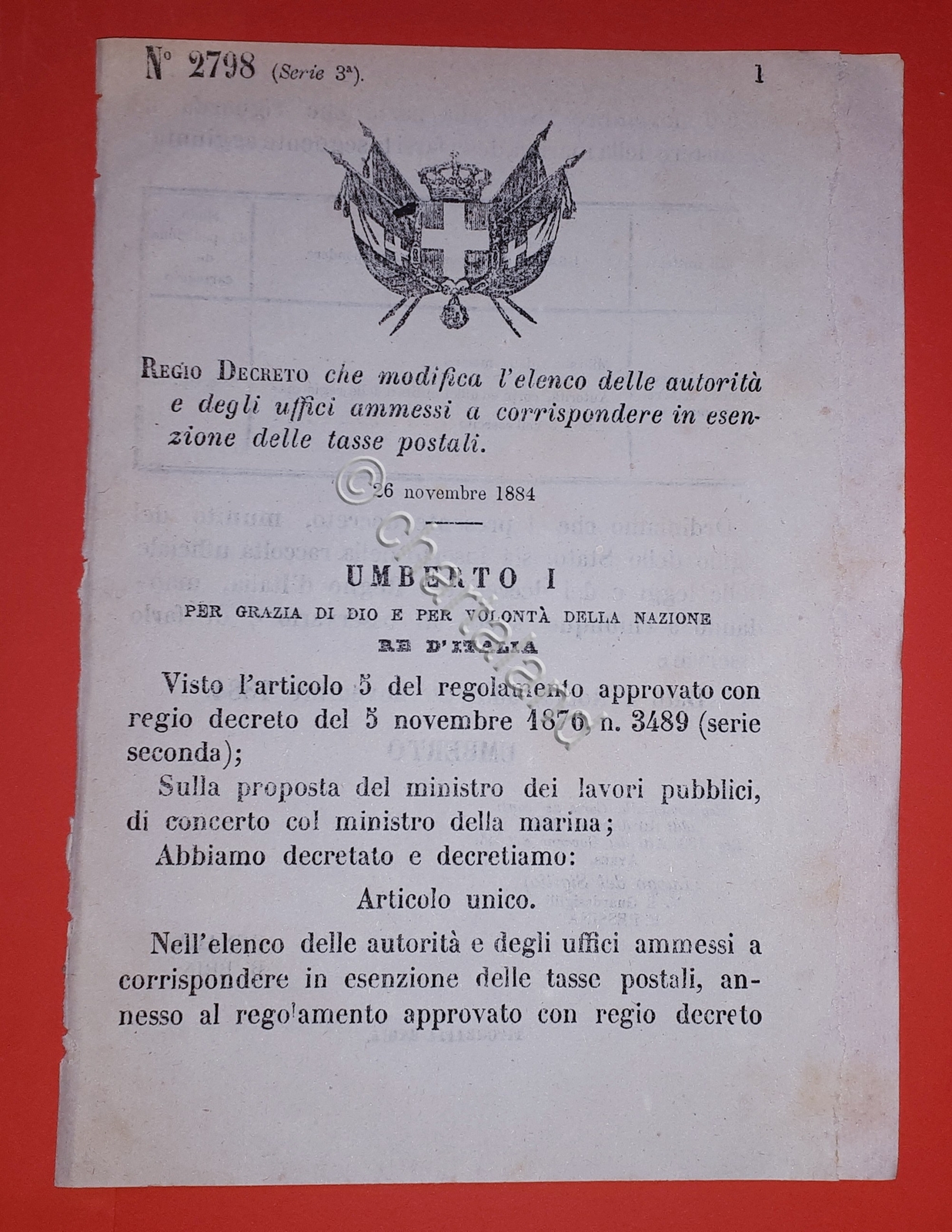 Decree Kingdom of Italy Amends List Authorities and Offices Exempt Postal Taxes 1884