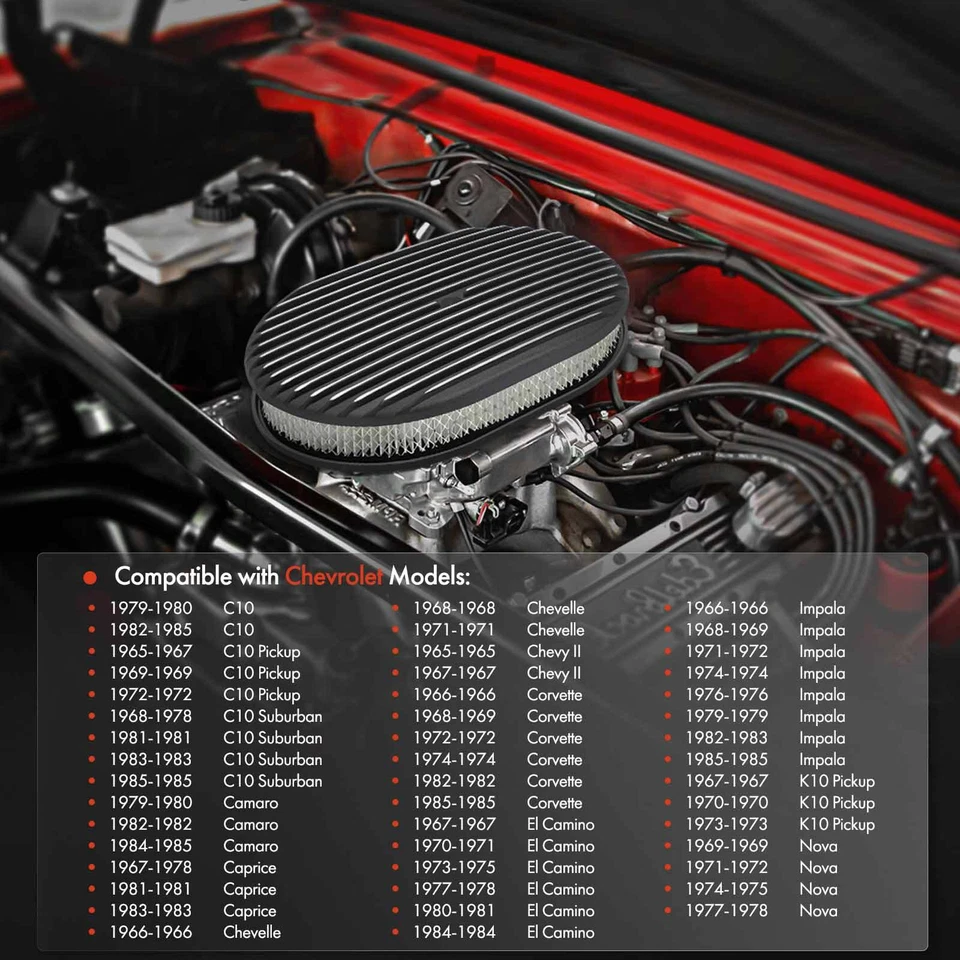 12" X 2" Oval Black Air Cleaner Kit for Chevy Impala Ford F-100 GMC C15 Dodge - Image 2 of 4