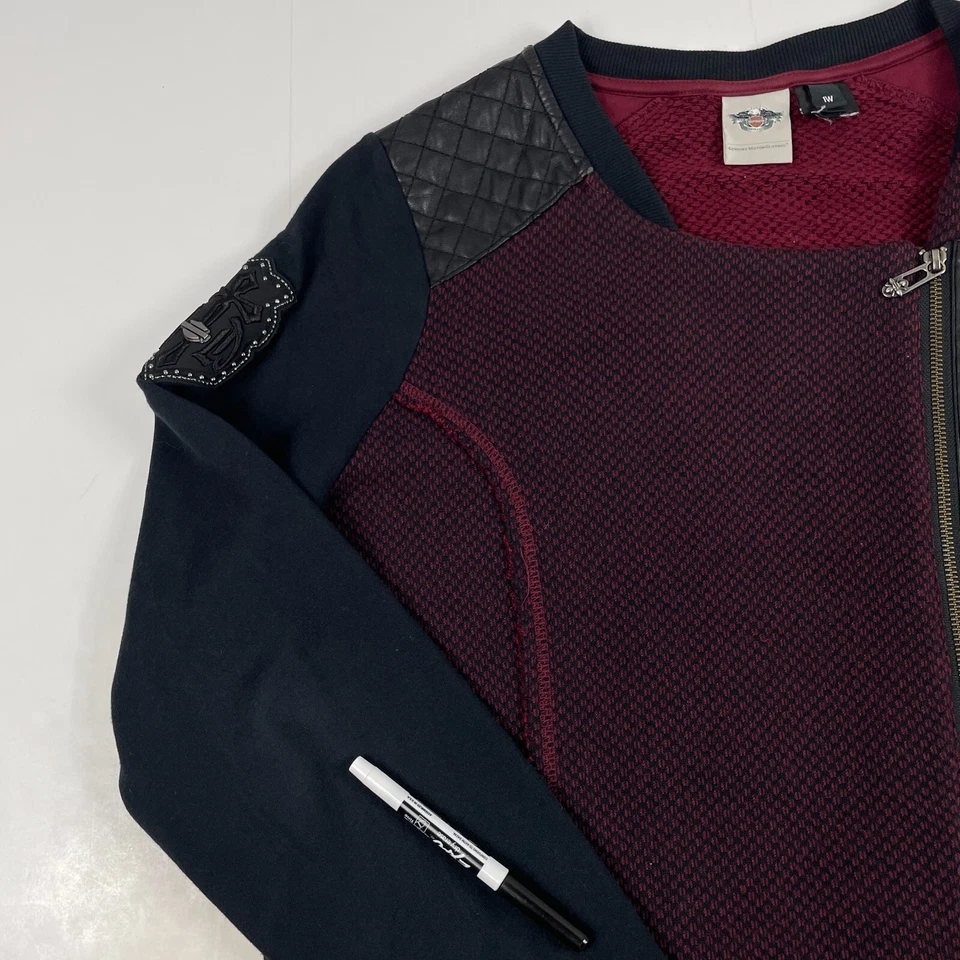 Suéter Harley Davidson para mujer 1W rojo negro cárdigan ribete de cuero cremallera lateral motociclista Foto 2 de 4