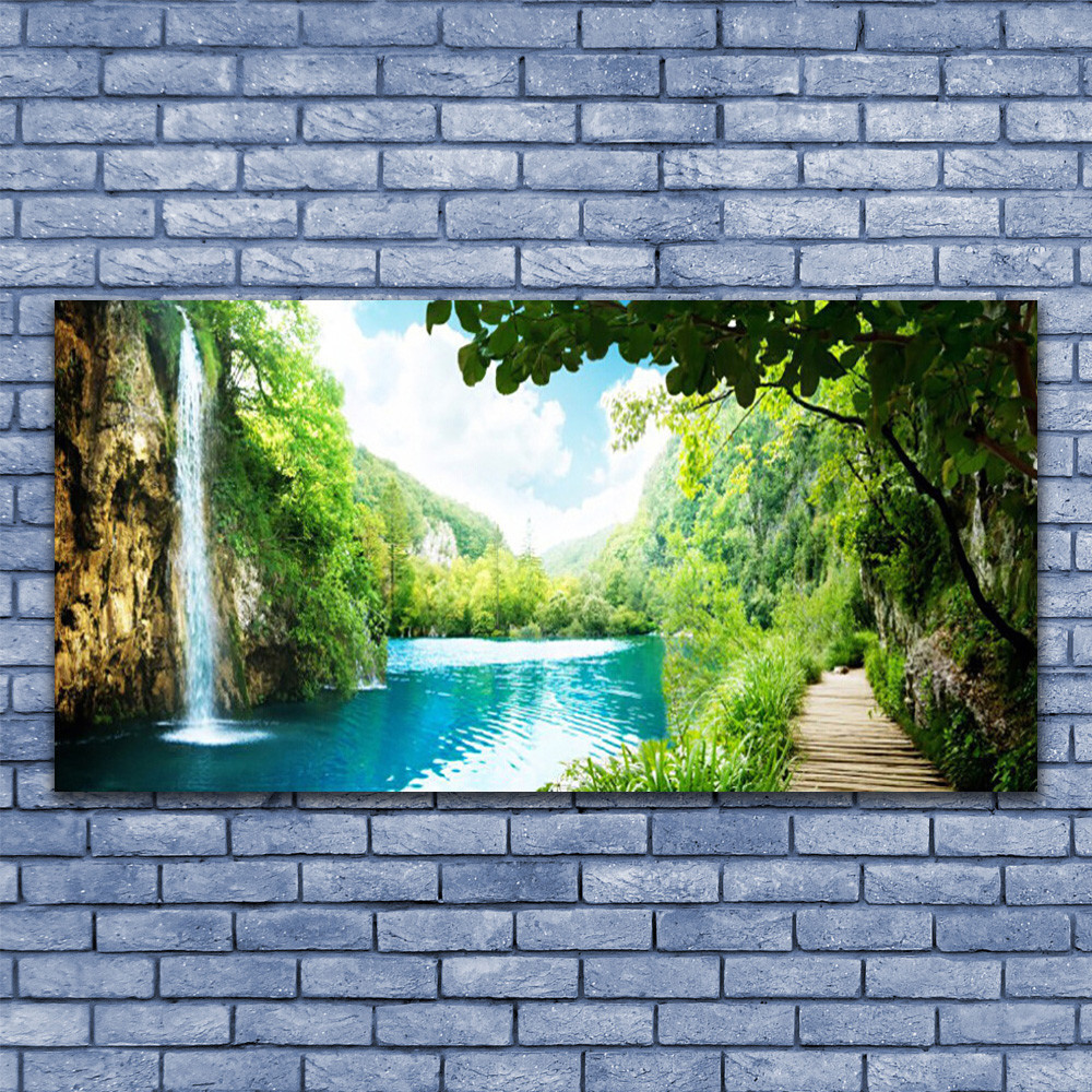 Tableau paysage cascade et lac 140x70, impression sur verre horizontal
