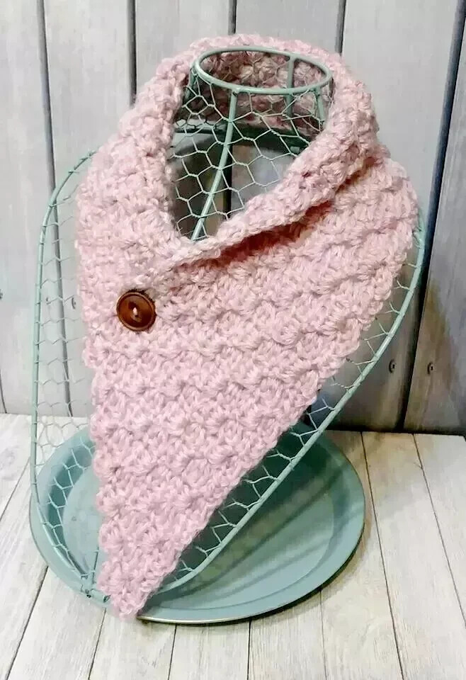 crochet womans handmade scarf button cowl triangle alpaca blend blush pink