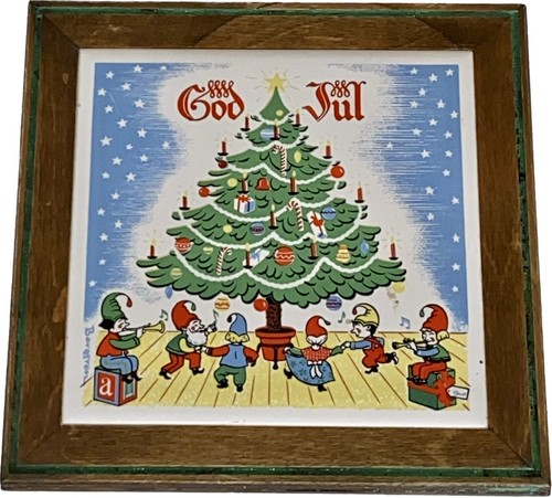 Vtg God Jul Swedish Merry Christmas Elves Gnomes Trivet Tile Berggren 1960 MCM - Picture 2 of 7