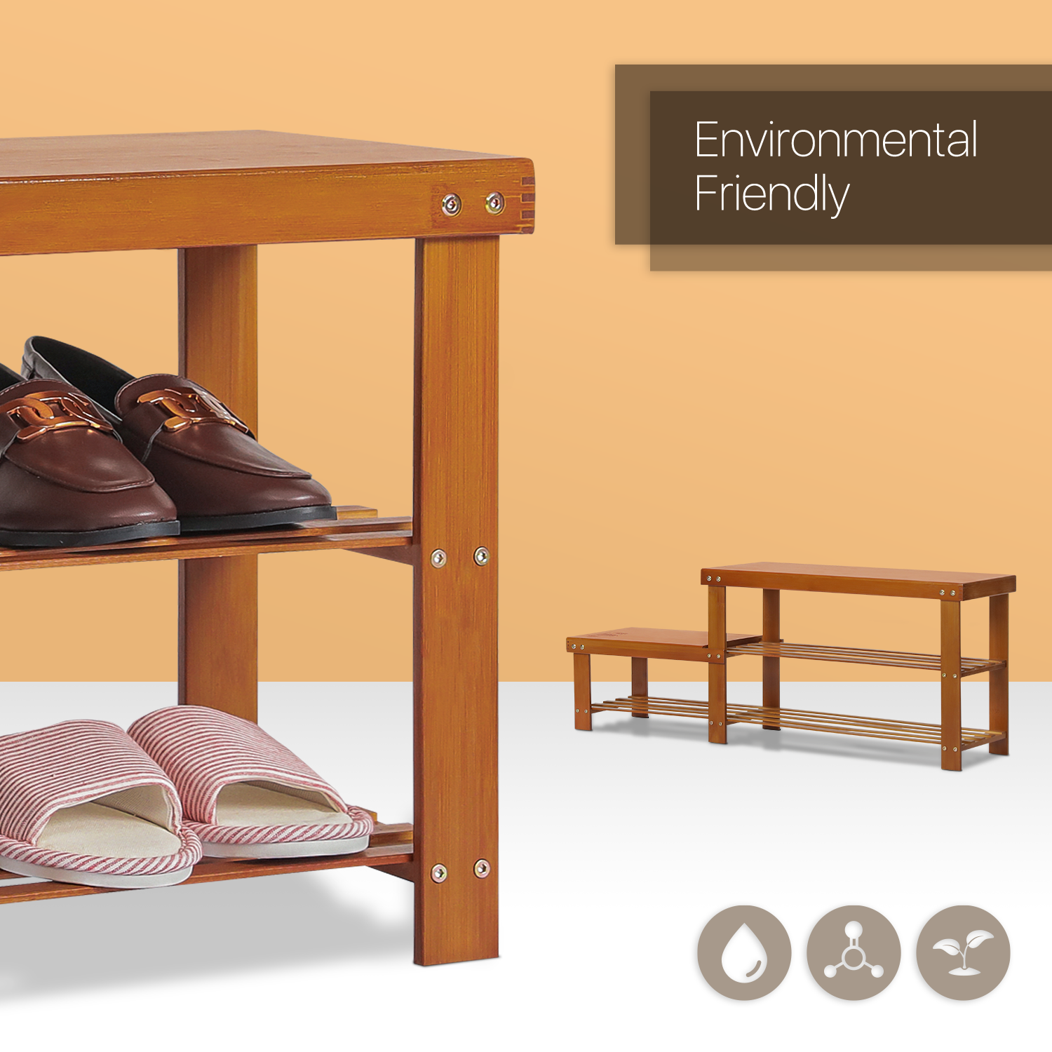 Entryway 43"Bamboo [KIDS SHOE BENCH] 2Tier Staircase Flats Storage