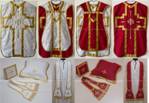 Red and White Reversible Travel Fiddleback Vestment IHS with 5pc mass set - 第 1/9 張圖片