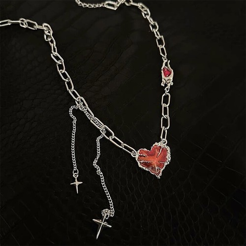 Gothic unregelmäßige rote Herz Halskette Y2K Dark Love Geist Kralle Kette Halsketten - Bild 7 von 11