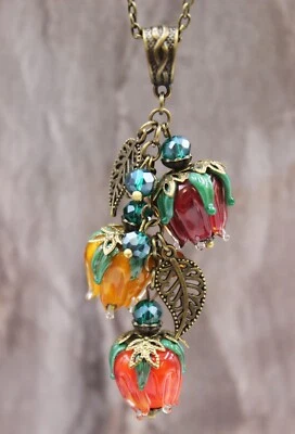 Kette Blüten Anhänger Vintage Bronze Lampwork Herbst Perlen #N028 - Bild 1 von 4