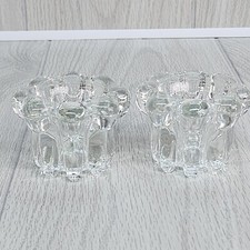 Pair Of Candle Stick 2x2 Holders Heavy Clear Glass Retro Fluted Taper
