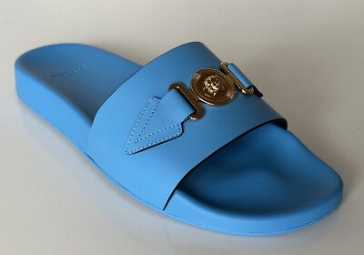 NIB $575 Versace Gold Medusa Leather/Rubber Sandals Blue 9.5  display picture 2